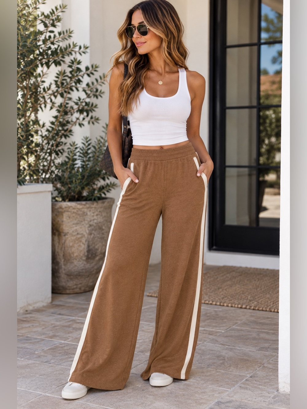 Nwot project social T sportif wide leg cozy pant in oatmeal/cinnamon size L